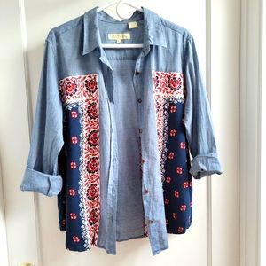 Sale 🔥 Stetson bandana scarf panel chambray button-down shirt top - L